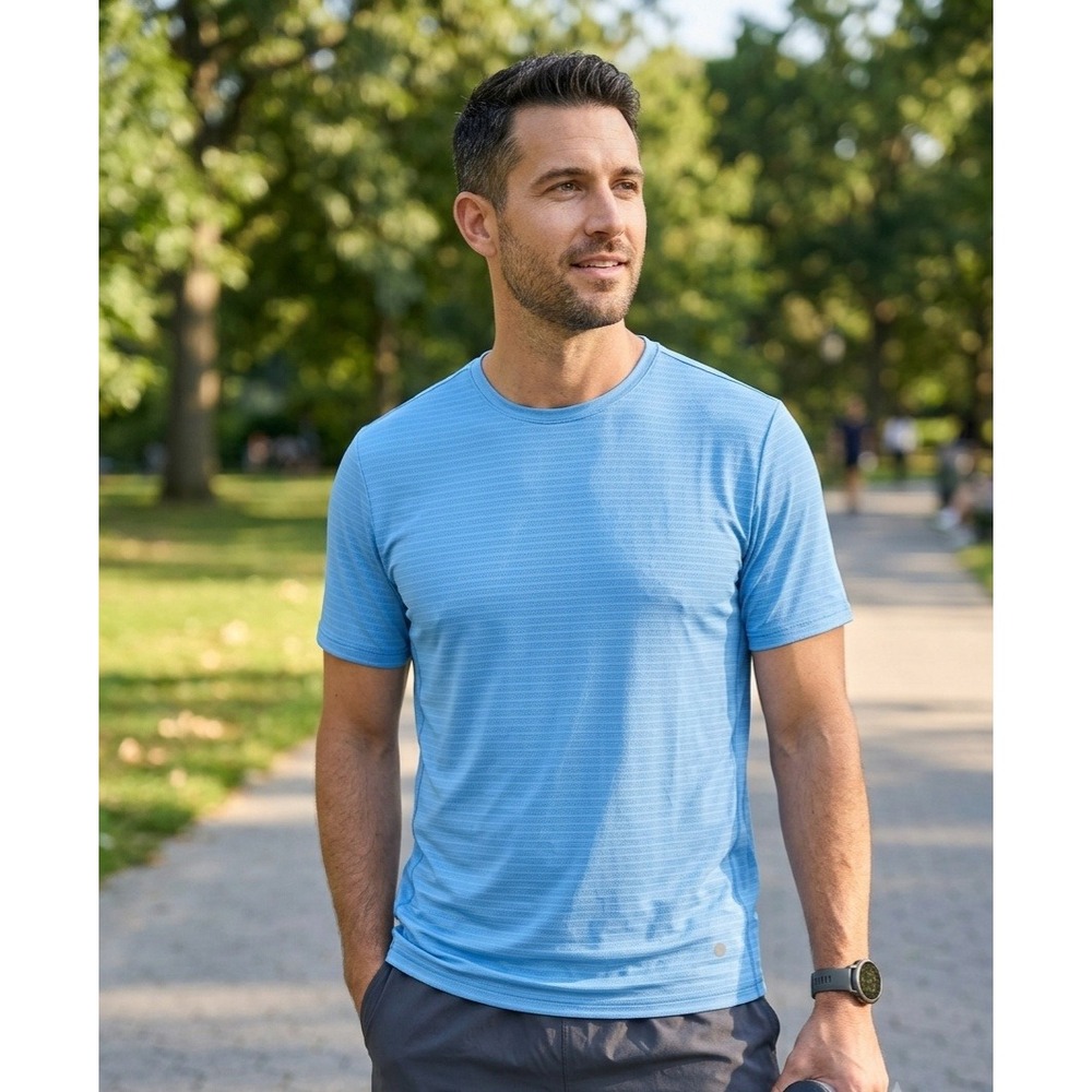 Soybu Mens Active Performance T-Shirt Blue Striped Short Sleeve Top Medium NWOT
